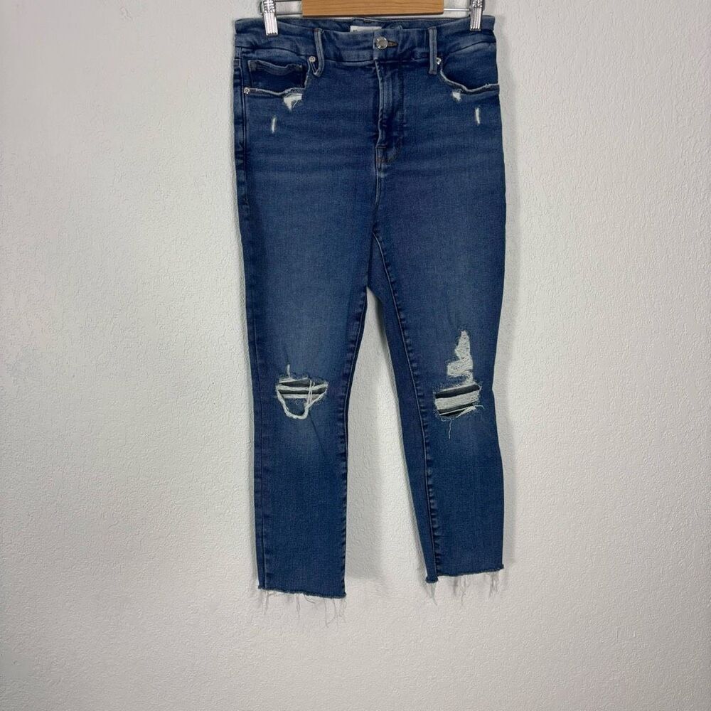 Good American Distressed Knee High Waisted‎ Raw Hem Skinny Ankle Jeans Size 28